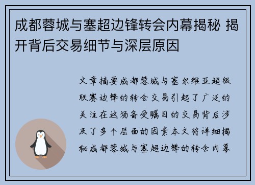 成都蓉城与塞超边锋转会内幕揭秘 揭开背后交易细节与深层原因